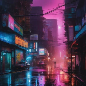 The neon-soaked streets of a sultry nightmarish cyberpunk citysc...