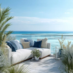 Create a scene of a luxurious coastal lawn with a stunning ocean...