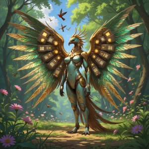 In a sunlit forest clearing, an arcane solarpunk harpy stands pr...
