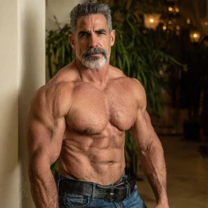 The image depicts a muscular,bodybuilder Italian man gray hair a...