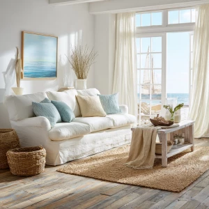 Create a bright and airy coastal living room interior featuring...