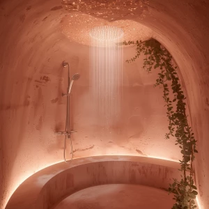 Shower 1 – Pink Rainfall Cave: A gently rounded sanctuary carved...
