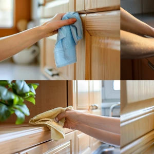 hands cleaning a single kitchen cabinet door with microfiber clo...