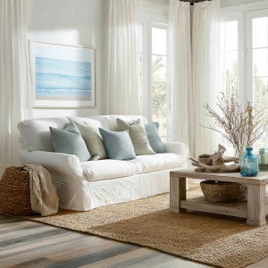 Generate a bright and airy editorial photograph of a coastal liv...