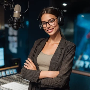 A professional news reporter, a woman, standing confidently in r...