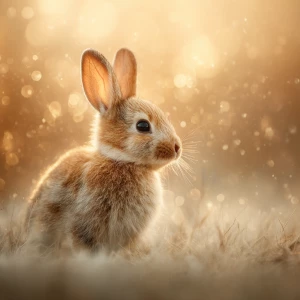 Create a serene scene with a baby rabbit peacefully sitting in t...
