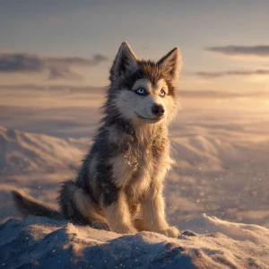 A fluffy husky puppy with bright ice-blue eyes sits atop a snowy...