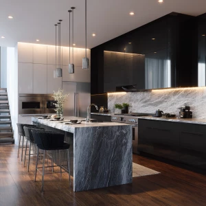 Create a luxurious modern kitchen with matte black lower cabinet...