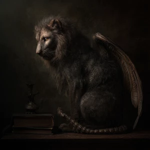 In the dimly lit room, a vintage-chic manticore emerges from the...
