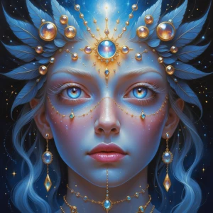 glinting jewels, and wise, otherworldly eyes brimming with cosmi...