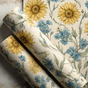flat 2D surface design, vintage sunflower and blue wildflower pa...