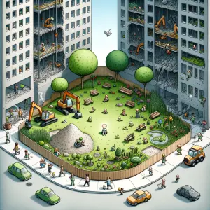 Un pequeño parque lleno de árboles, pasto y pájaros. Un niño est...