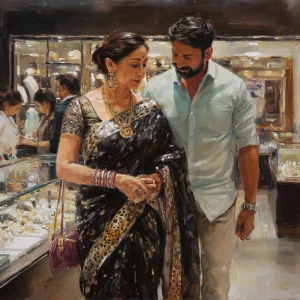 realism,oil painting.a  mature gujarati mother in law in her 40s...