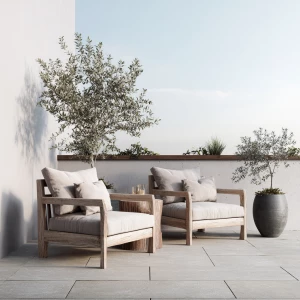 Create a minimalist Scandinavian-style outdoor setting featuring...