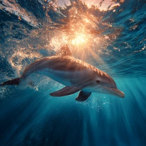 Small Baby dolphin chasing sun ray in the ocean water crest