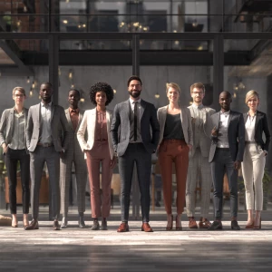 Show a dynamic scene at the entrance of a contemporary office bu...