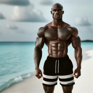 A powerfully built man stands on a sandy beach, his chiseled phy...