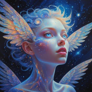 In a mesmerizingly surreal oil painting, a cosmic being with swi...