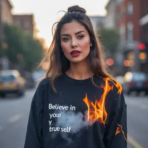 A young woman with burn clothes saying believe in your self embr...