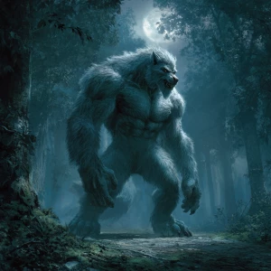 In a moonlit forest clearing, envision a fearsome lycanthrope to...