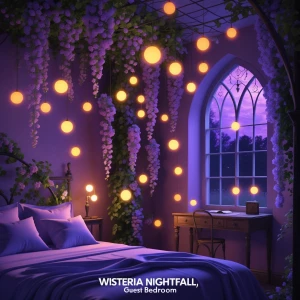 Create an image of a guest bedroom named "Wisteria Nightfall," d...