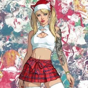 humanoid cat with long blonde hair in pigtails, wearing a red an...