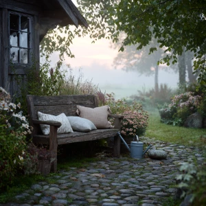 Capture a serene scene of a rustic outdoor lawn next to a cottag...