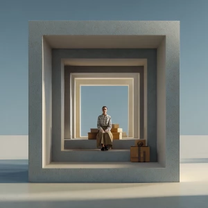 Woman opens a box inside a box to infinity surrounded by boxes