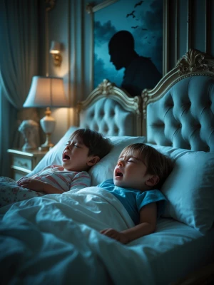Children asleep in luxurious bedrooms, crying in their sleep aga...
