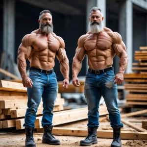 2 shirtless bearded men 55 years old, bodybuilders, wearing blue...