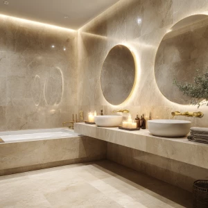 Create an image of a full beige marble bathroom featuring a floa...