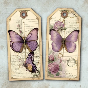 Victorian Mauve Rose Butterfly Tags – 2 Large Tags (A4 & US Lett...