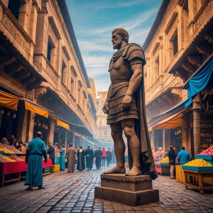 In a bustling, vibrant cityscape frozen in time, ancient stone b...