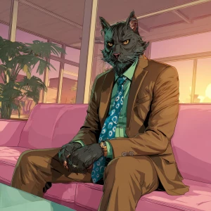 A humanoid cat character with slicked-back dark hair, wearing a...