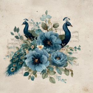 Edge-hugging bouquets of dark blue flowers with peacock feathers...