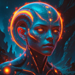 A resplendently glowing Martian figure emerges from a vibrant di...