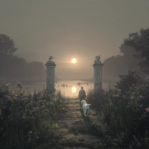 A White walking dog walking Down the Road for infinity Greek sta...