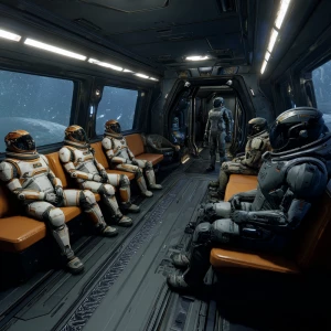 In a futuristic realistic art style, inside the dark vast transp...