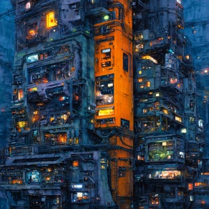 In a vividly intricate digital dystopia, a towering cybernetic c...
