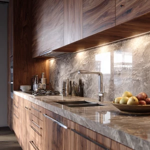 Create a realistic image of a contemporary kitchen featuring wal...