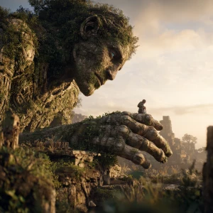 A cinematic, hyper-detailed continuation. The colossal moss-cove...