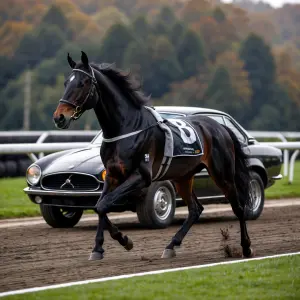 a black horse runs next to a black racing car