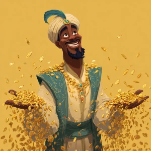 Mansa Musa standing in the center of the frame with a kind, conf...