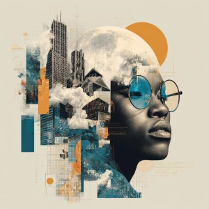 A surreal digital collage portrait of an african female samurai...