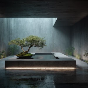 Prompt Biophilic Minimalism, Architectural Realism, Serene Zen s...