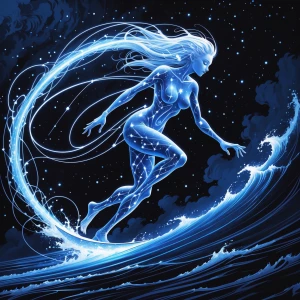 A sinuously weaving Pulsar Surfer, her celestial essence exuding...