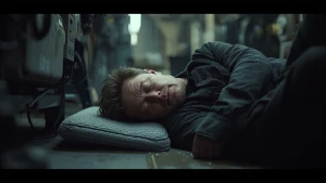 Realistic cinematic portrait of Elon Musk exhausted, tired eyes,...