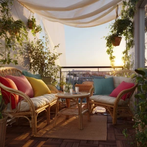 Create an image of a Scandinavian-style outdoor balcony featurin...