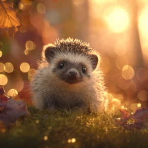 ultra-cute baby hedgehog sitting in soft woodland grass at golde...