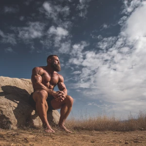 A close-up image of a white male bodybuilder sitting on a large...